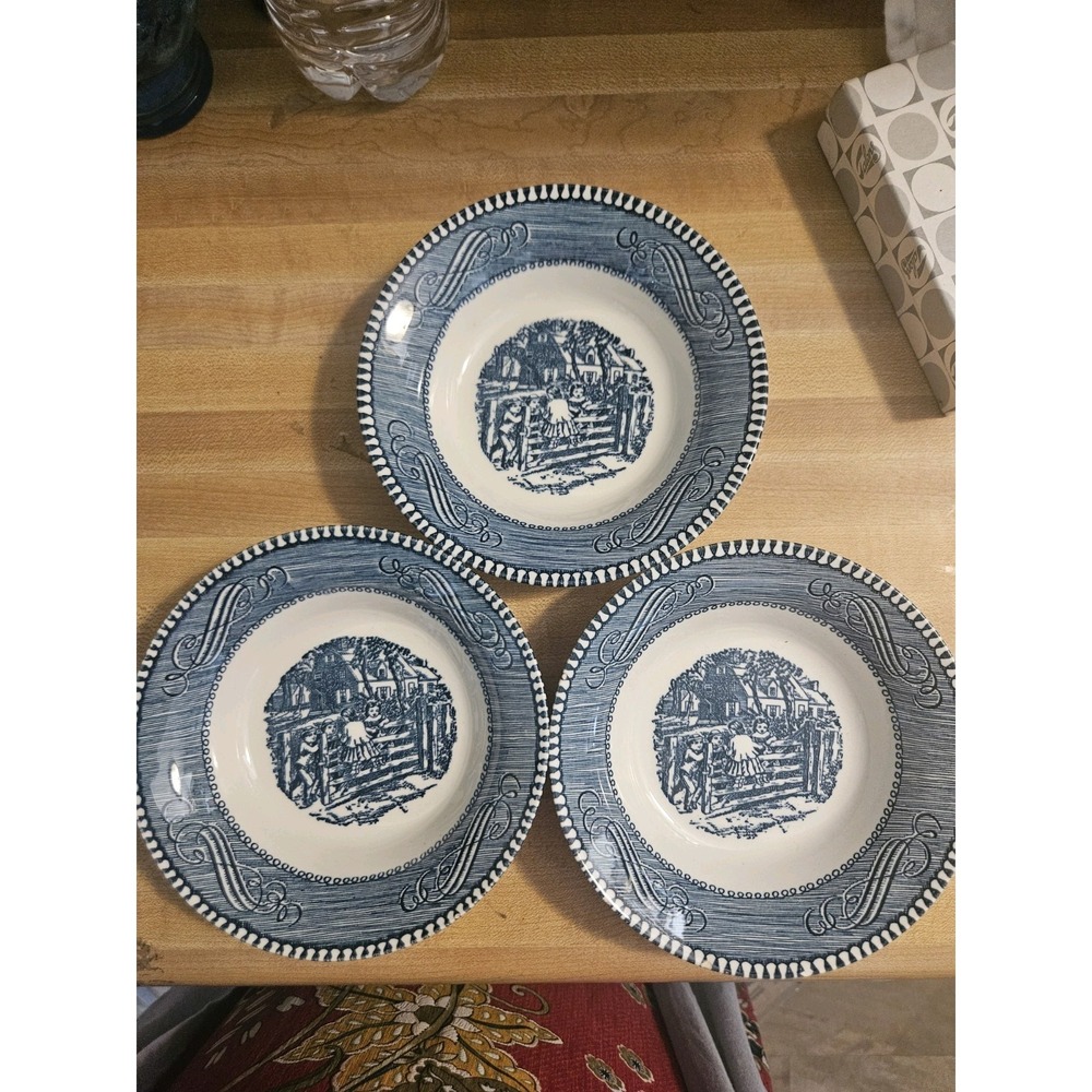 Set Of 3 5.5" Dessert Bowls Currier And Ives Blue And White